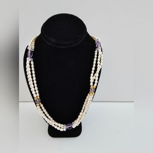 Hand Crafted Pearl and Amethyst Triple-Strand Necklace